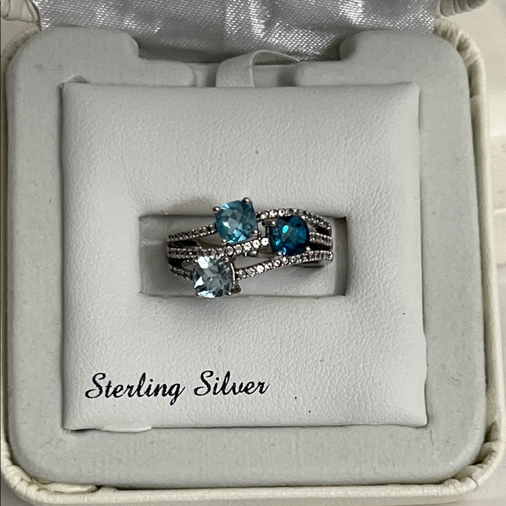 Blue Topaz S.Silver & LC White Sapphire Ring EUC